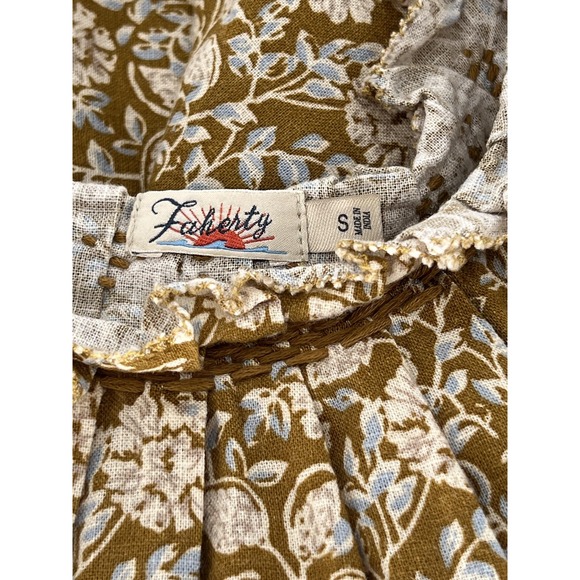 Faherty Blouse Womens Small Brown Floral Linen Blend Boho Peasant Ruffle Smocked - Picture 2 of 10